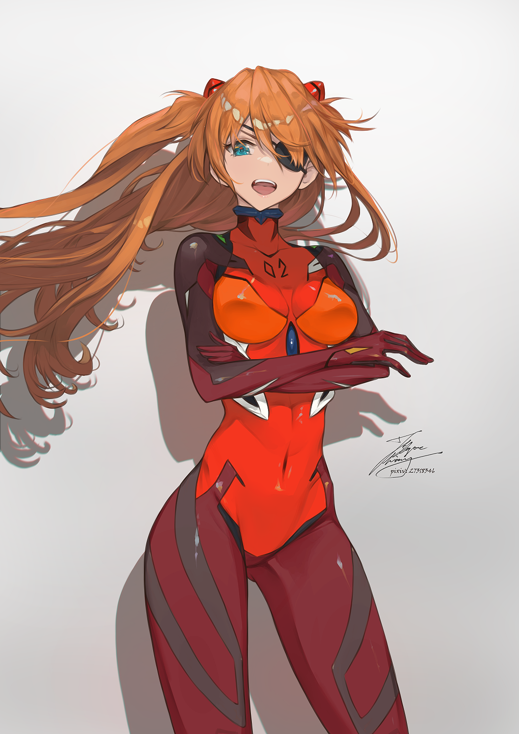 1girl ass_visible_through_thighs blue_eyes breasts brown_hair covered_navel crossed_arms evangelion:_3.0_you_can_(not)_redo eyepatch fadingz grey_background highres interface_headset long_hair medium_breasts neon_genesis_evangelion orange_hair pixiv_id rebuild_of_evangelion revision shadow signature smile solo souryuu_asuka_langley stuffed_toy teeth tongue