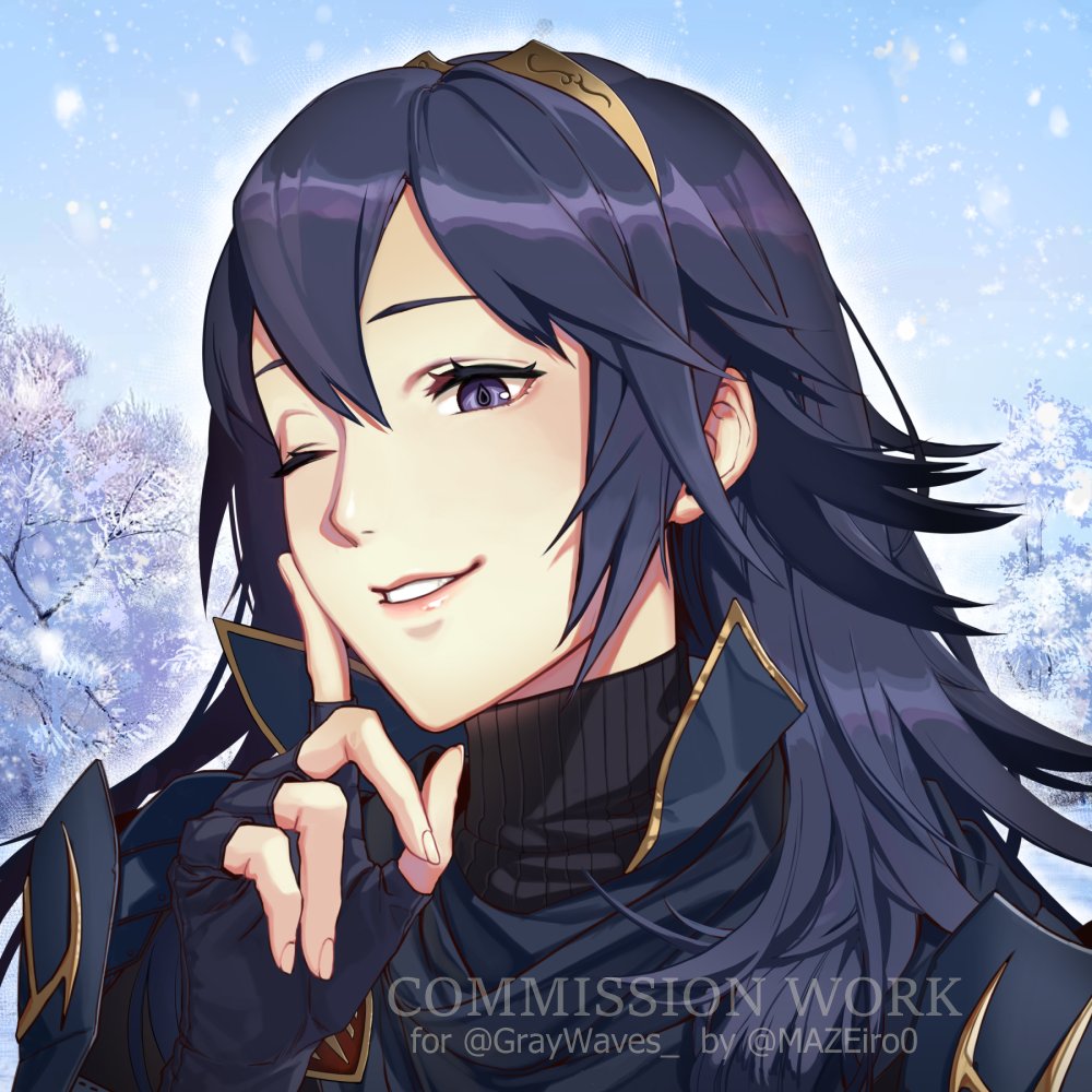 1girl armor bangs black_sweater blue_eyes blue_gloves blue_hair commentary commission english_commentary english_text finger_to_cheek fingerless_gloves fingernails fire_emblem fire_emblem_awakening gloves hair_between_eyes index_finger_raised lips long_hair looking_at_viewer lucina_(fire_emblem) maze_draws one_eye_closed outdoors pink_lips ribbed_sweater shoulder_armor sky smile snow solo sweater symbol-shaped_pupils teeth tiara tree turtleneck turtleneck_sweater twitter_username upper_body