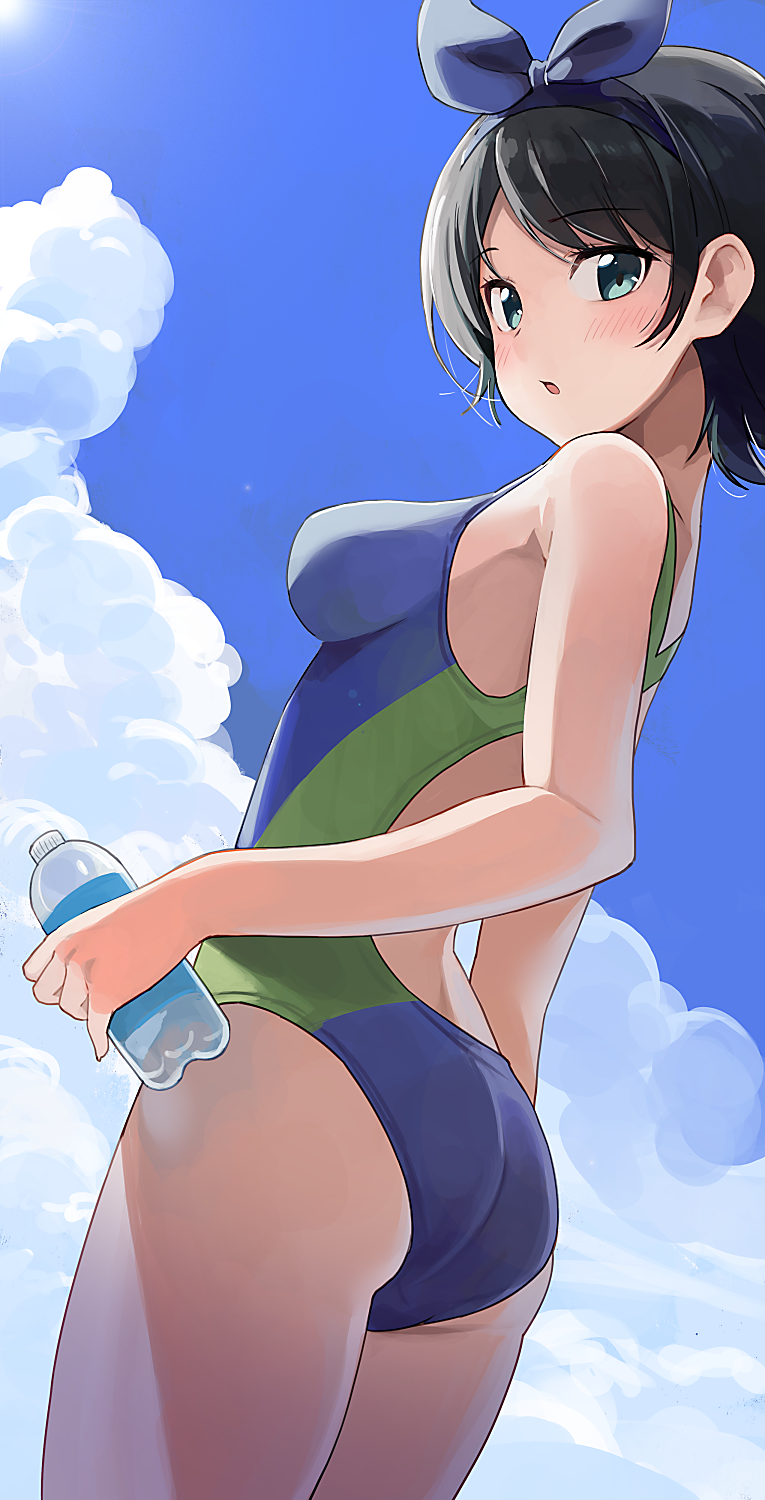 1girl arched_back ass back_cutout bangs bare_shoulders black_hair blue_ribbon blue_sky blue_swimsuit bottle breasts clothing_cutout clouds cloudy_sky commentary cowboy_shot day from_side green_swimsuit hair_ribbon highres hiroki_(yyqw7151) holding holding_bottle kanojo_okarishimasu light_blush looking_at_viewer looking_back medium_breasts one-piece_swimsuit outdoors parted_bangs parted_lips plastic_bottle ribbon sarashina_ruka short_hair sky solo sun swimsuit thighs two-tone_swimsuit water_bottle