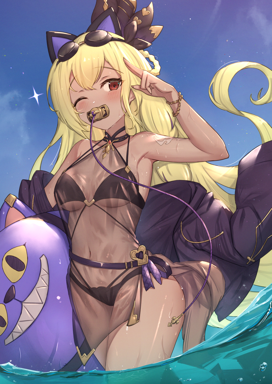 1girl animal_ears arm_up armpits bangs bikini black_bikini black_dress black_jacket blonde_hair blue_sky blush bracelet braid breasts cat_ears clouds collarbone commentary_request dark-skinned_female dark_skin dress eyebrows_visible_through_hair goggles goggles_on_head granblue_fantasy hair_ribbon helel_ben_shalem highres inflatable_toy jacket jewelry long_hair looking_at_viewer medium_breasts navel one_eye_closed pacifier red_eyes ribbon salute see-through sky solo standing swimsuit tattoo thighs uneg very_long_hair wading water wet wet_clothes