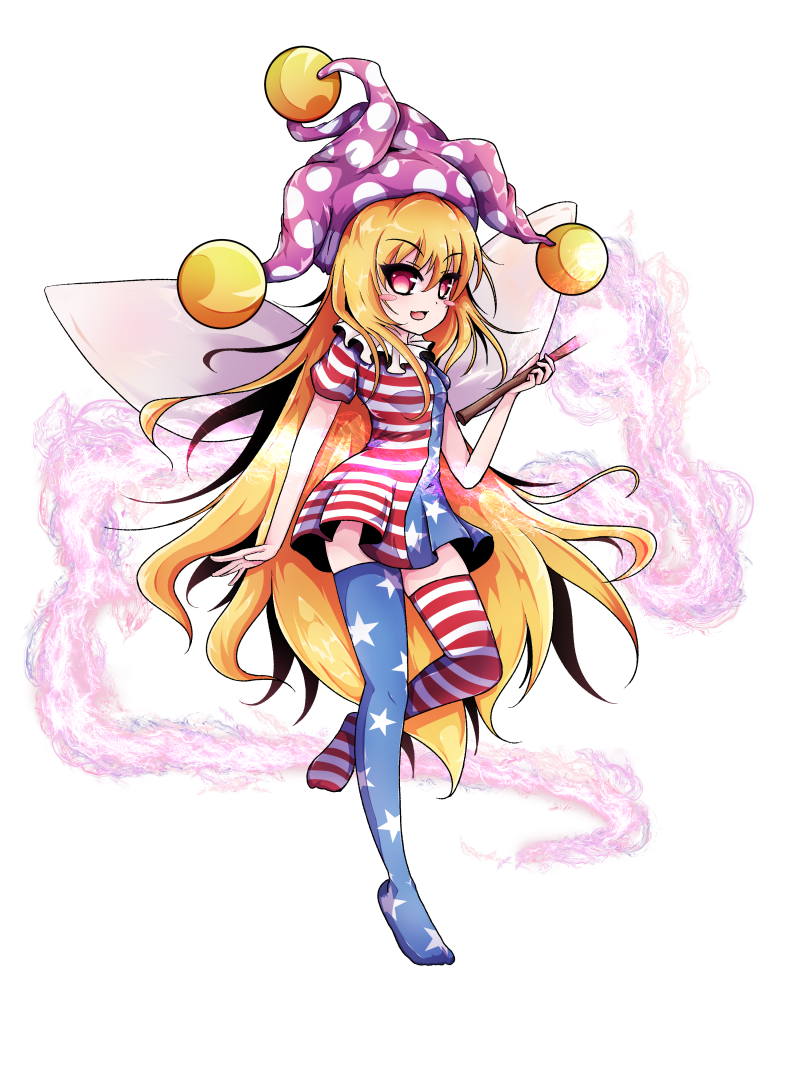 1girl american_flag_dress american_flag_legwear asymmetrical_legwear blonde_hair blush_stickers breasts clownpiece dress eyebrows_visible_through_hair fairy_wings full_body hair_between_eyes hat holding holding_torch jester_cap leg_up long_hair neck_ruff no_shoes open_mouth shen_li short_dress short_sleeves small_breasts solo standing standing_on_one_leg torch touhou transparent_background very_long_hair wings