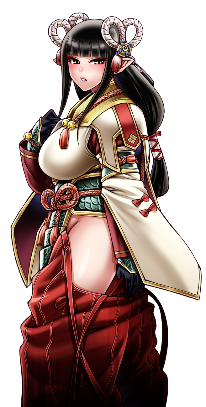 1girl black_gloves black_hair breasts chiba_toshirou eyebrows_visible_through_hair eyeliner gloves groin hair_ornament hakama highres hime_cut japanese_clothes long_hair makeup minoto monster_hunter_(series) monster_hunter_rise parted_lips pointy_ears sash simple_background solo white_background yellow_eyes