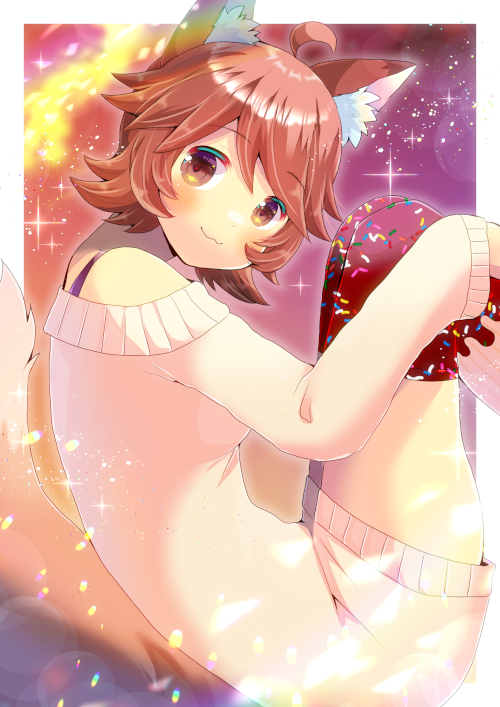 1girl ahoge animal_ear_fluff animal_ears bare_shoulders blush brown_eyes brown_hair closed_mouth commentary_request dress feet_out_of_frame food-themed_clothes knees_up kou_hiyoyo long_sleeves looking_at_viewer looking_to_the_side off-shoulder_sweater off_shoulder smile solo sweater sweater_dress tail thigh-highs vrchat white_sweater