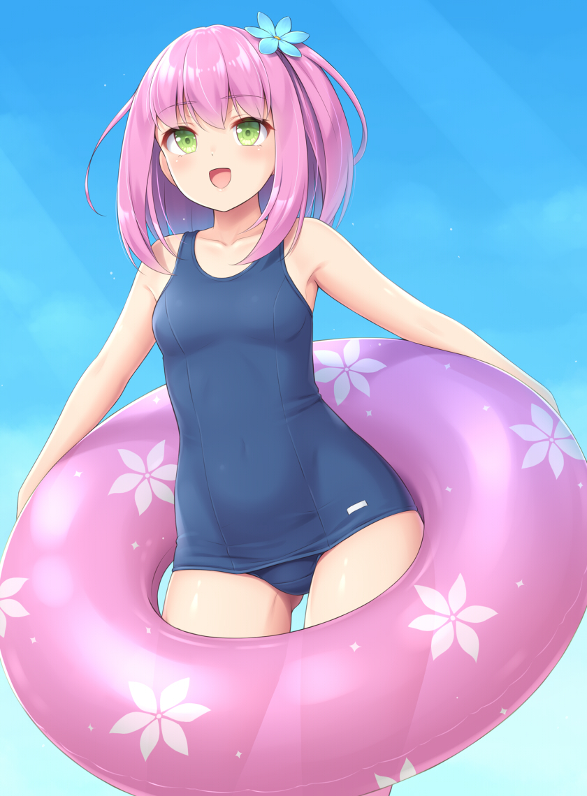 1girl :d blue_swimsuit breasts covered_navel cowboy_shot green_eyes innertube one_side_up open_mouth original pink_hair sasaame school_swimsuit small_breasts smile solo swimsuit
