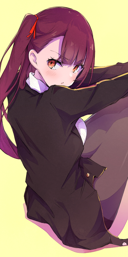 1girl black_jacket blush brown_legwear e_sky_rugo from_side girls_frontline jacket long_hair long_sleeves looking_at_viewer looking_to_the_side one_side_up open_clothes open_jacket pantyhose parted_lips redhead shirt simple_background sitting solo wa2000_(girls_frontline) white_shirt yellow_background