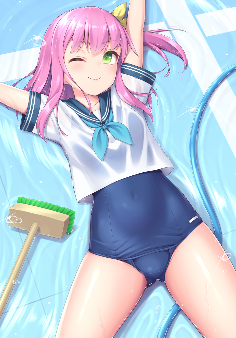 ;) arms_up ass_visible_through_thighs blue_swimsuit breasts broom closed_mouth covered_navel cowboy_shot green_eyes highres lying on_back one_eye_closed one_side_up original pink_hair sasaame school_swimsuit school_uniform serafuku small_breasts smile swimsuit swimsuit_under_clothes