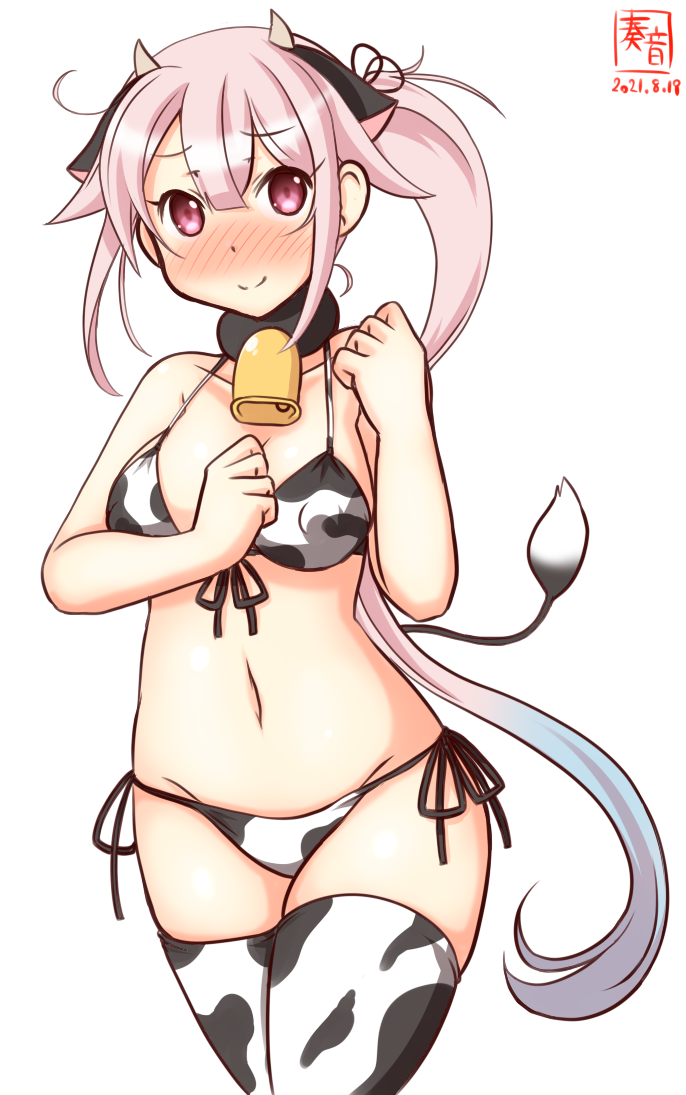 1girl animal_ears animal_print artist_logo bell bikini blue_hair collarbone commentary_request covered_nipples cow_ears cow_horns cow_print cow_tail cowbell cowboy_shot dated fake_animal_ears fake_horns front-tie_top gradient_hair harusame_(kancolle) horns kanon_(kurogane_knights) kantai_collection long_hair looking_at_viewer lowleg lowleg_bikini multicolored_hair one-hour_drawing_challenge pink_hair red_eyes side-tie_bikini side_ponytail simple_background solo swimsuit tail thigh-highs white_background white_bikini white_legwear