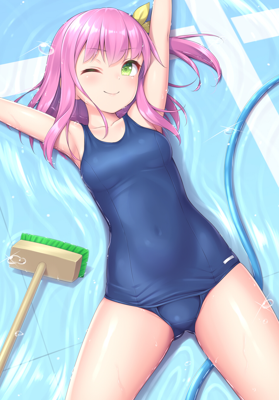 ;) arms_up ass_visible_through_thighs blue_swimsuit breasts broom closed_mouth covered_navel cowboy_shot green_eyes highres lying on_back one_eye_closed one_side_up original pink_hair sasaame school_swimsuit small_breasts smile swimsuit