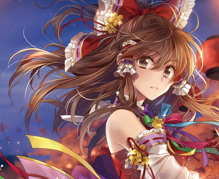 1girl autumn_leaves bangs bare_shoulders blue_bow blue_neckwear blue_sky bow bowtie brown_eyes brown_hair closed_mouth clouds cloudy_sky detached_sleeves dress eyebrows_visible_through_hair flower green_bow green_neckwear hagiwara_rin hair_between_eyes hair_ornament hair_tubes hakurei_reimu leaf long_sleeves looking_at_viewer medium_hair multicolored_bow pink_bow ponytail purple_bow purple_neckwear red_bow red_dress red_neckwear sky solo sunset teeth touhou tree upper_body yellow_bow yellow_flower yellow_neckwear