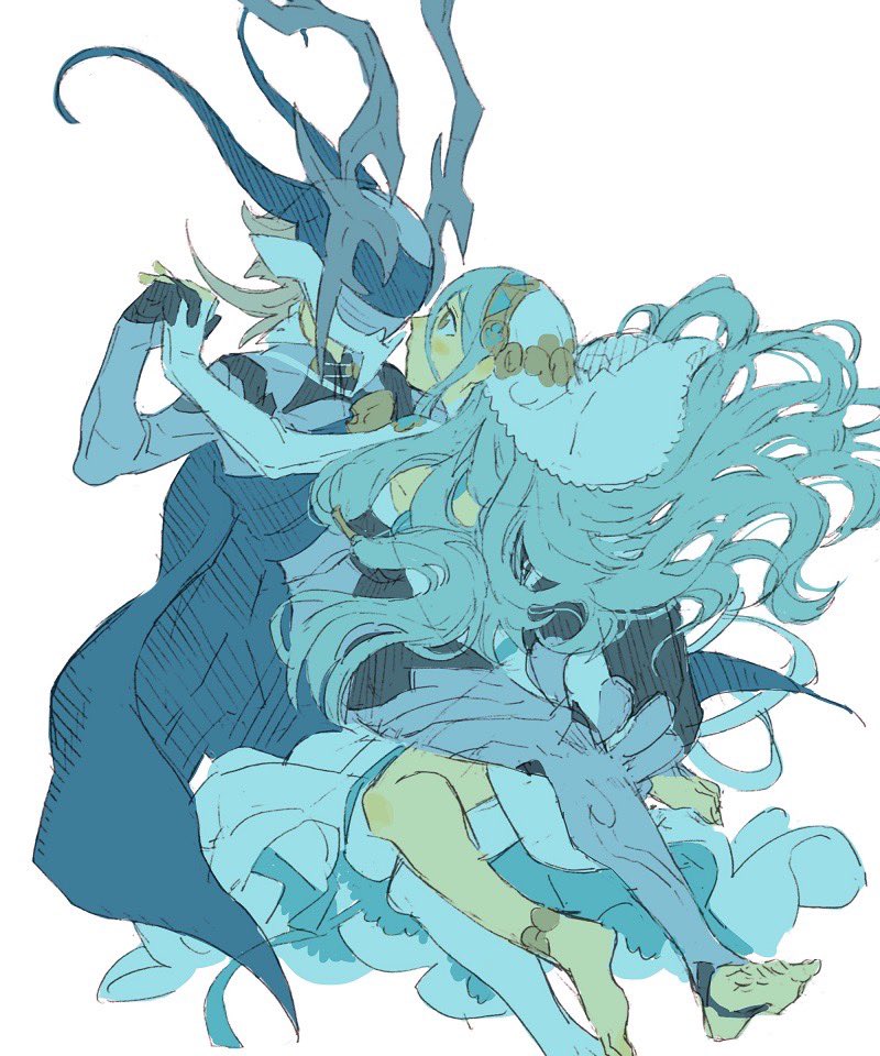 1boy 1girl aisutabetao armor azura_(fire_emblem) barefoot blue_hair blush cape claws corrin_(fire_emblem) corrin_(fire_emblem)_(male) dancing dragon dragon_boy dragon_horns dress elbow_gloves fingerless_gloves fire_emblem fire_emblem_fates gloves hair_between_eyes hairband hetero holding_hands horns long_hair manakete pointy_ears veil very_long_hair white_hair yellow_eyes