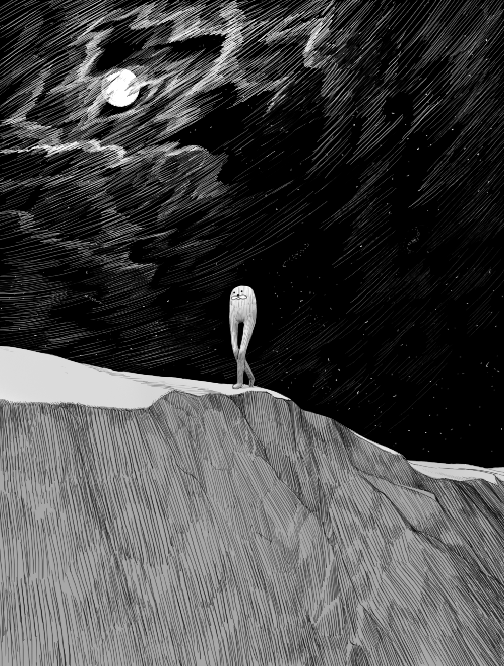 commentary english_commentary full_moon gondola_(meme) greyscale highres monochrome moon night night_sky no_humans original outdoors scenery sky star_(sky) starry_sky walking y_naf