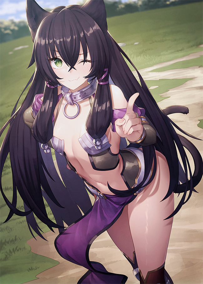 1girl animal_ears bare_shoulders black_hair cat_ears cat_girl cat_tail collar day fang flat_chest green_eyes ibuki_notsu index_finger_raised isekai_maou_to_shoukan_shoujo_no_dorei_majutsu kneehighs long_hair looking_at_viewer midriff navel one_eye_closed outdoors pelvic_curtain rem_galeu revealing_clothes smile solo standing stomach tail thighs very_long_hair