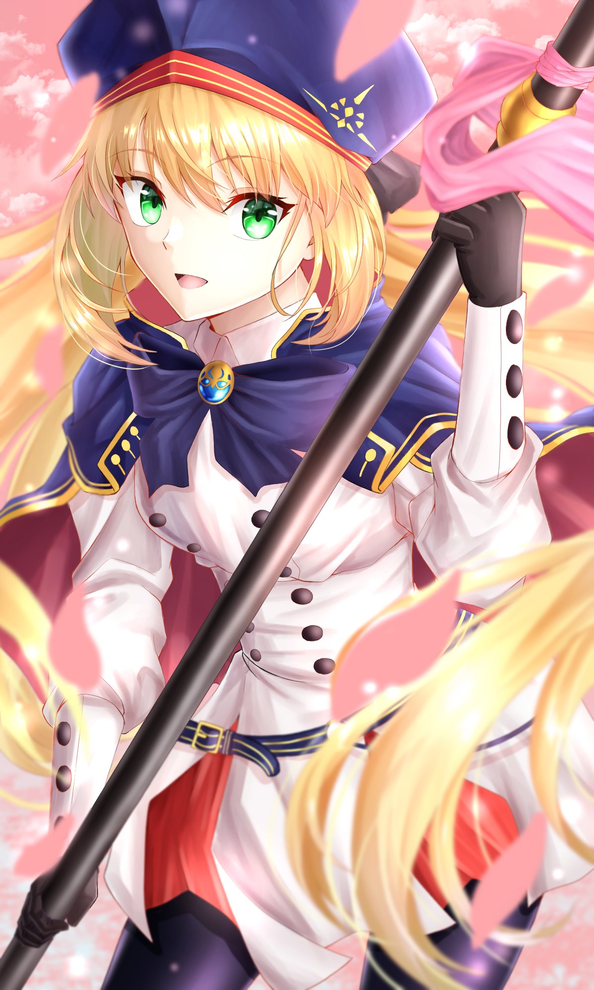 1girl artoria_pendragon_(caster)_(fate) artoria_pendragon_(fate) bangs belt beret black_gloves black_legwear blonde_hair blue_cape blue_headwear blush breasts buttons cape double-breasted dress fate/grand_order fate_(series) gloves green_eyes hat highres holding holding_staff hood hooded_cape ilsa34660285 long_hair long_sleeves looking_at_viewer multicolored multicolored_cape multicolored_clothes open_mouth pantyhose red_cape small_breasts smile solo staff thighs twintails white_dress