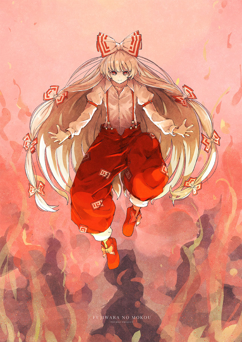 1girl baggy_pants bangs bow character_name closed_mouth collared_shirt commentary copyright_name fire fujiwara_no_mokou full_body hair_bow highres juliet_sleeves long_hair long_sleeves looking_at_viewer pants puffy_sleeves red_bow red_eyes red_footwear red_pants satyuas shirt smile solo suspenders touhou two-tone_bow very_long_hair white_bow white_hair white_shirt