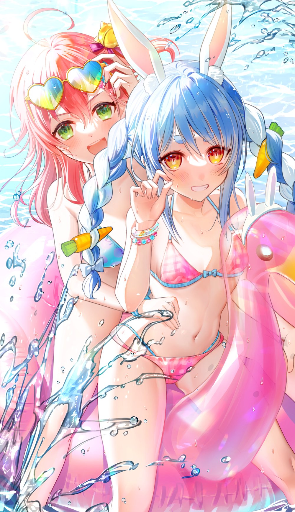 2girls :d adjusting_eyewear ahoge animal_ear_fluff animal_ears bangs bead_bracelet beads bikini blue_hair blush bow bracelet braid breasts bunny-shaped_pupils carrot_hair_ornament commentary_request dega1028 eyebrows_visible_through_hair eyewear_on_head food-themed_hair_ornament green_eyes grin hair_between_eyes hair_bow hair_ornament halter_top halterneck hand_on_another's_hip heart heart-shaped_eyewear highres hololive inflatable_toy jewelry long_hair looking_at_viewer multicolored_hair multiple_girls navel open_mouth pink_bikini rabbit_ears red_eyes redhead sakura_miko short_eyebrows sitting smile stomach sunglasses swimsuit thick_eyebrows twin_braids twintails two-tone_hair usada_pekora virtual_youtuber water wet white_bow white_hair wristband