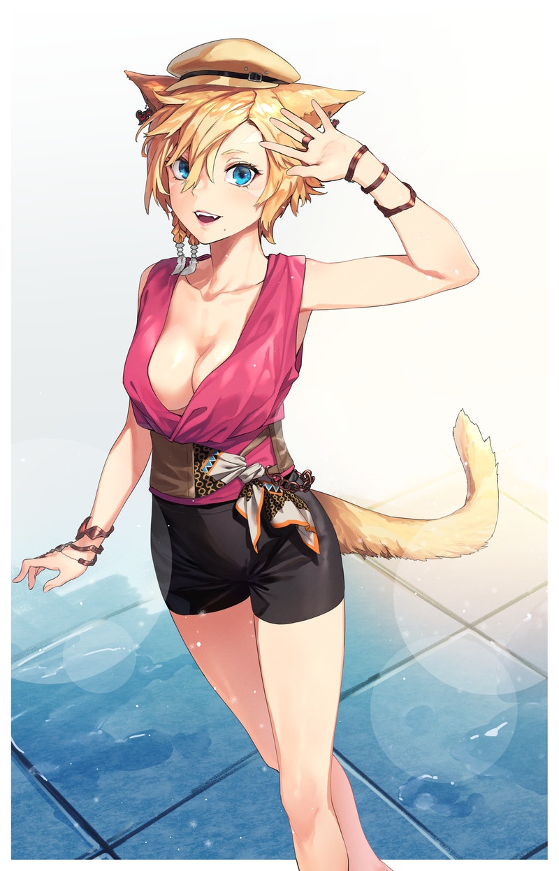 1girl :d animal_ears black_shorts blue_eyes border bracelet braid cat_ears cat_tail fangs final_fantasy final_fantasy_xiv hair_between_eyes hand_up hat highres jewelry looking_at_viewer miqo'te mole mole_under_mouth open_mouth reiga_(act000) sash short_hair short_shorts shorts smile solo standing tail white_border yellow_headwear