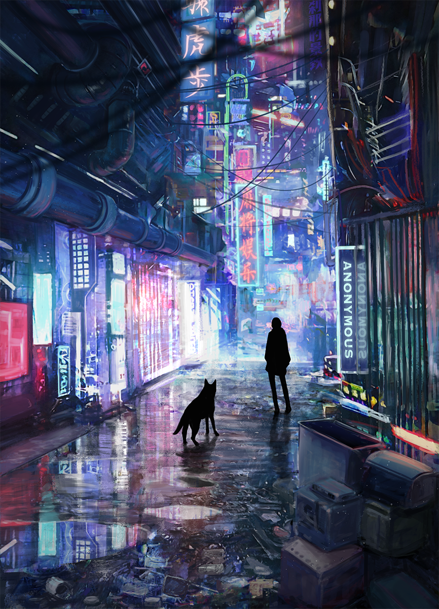 ambiguous_gender can city cyberpunk dog highres neon_lights original pipes power_lines puddle reason_(mark-of-the-unicorn) reflection scenery silhouette standing