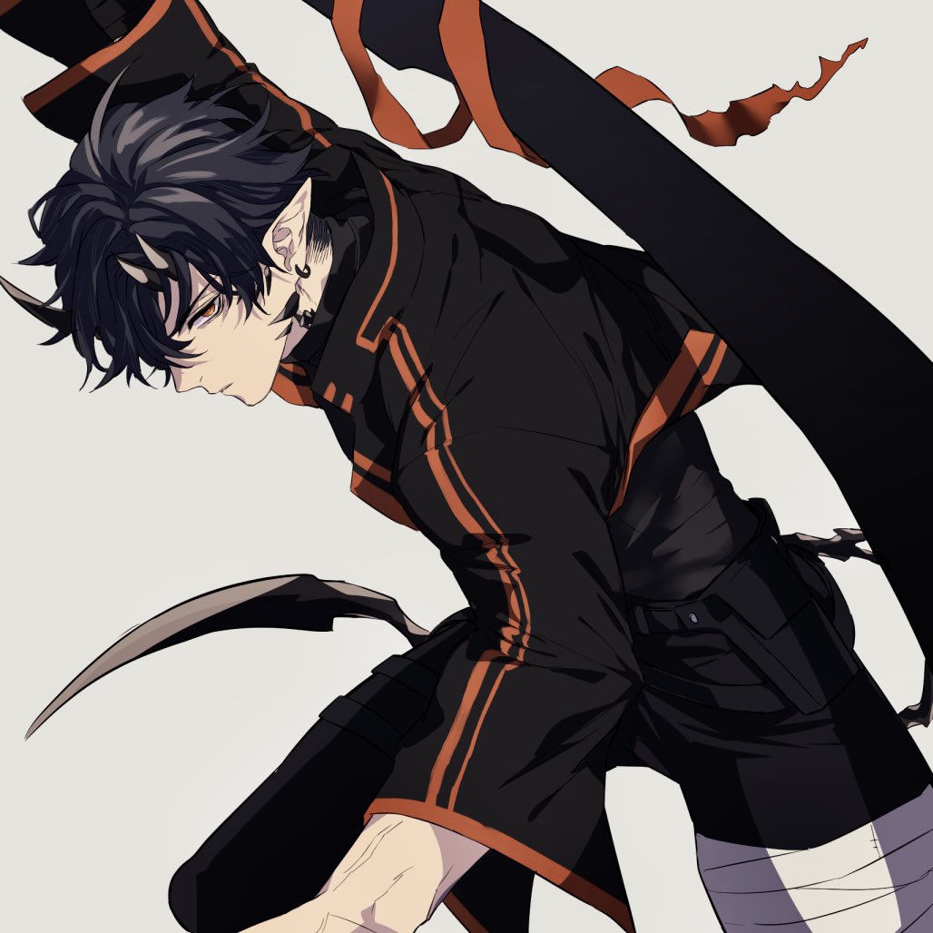 1boy arknights bandaid bandaid_on_face black_hair black_jacket black_shorts chimi_(s8s8_bb) closed_mouth commentary_request demon_boy demon_horns demon_tail earrings flamebringer_(arknights) glaring grey_background holding holding_sword holding_weapon horns jacket jewelry looking_at_viewer male_focus orange_eyes orange_ribbon oripathy_lesion_(arknights) pointy_ears ribbon short_hair shorts solo sword tail weapon