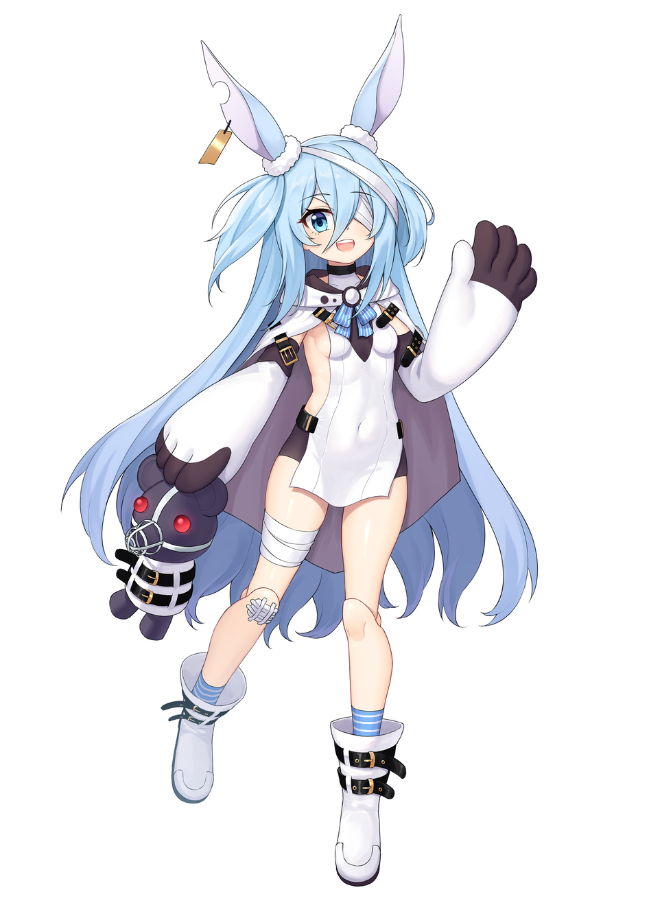 1girl animal_ears arm_up bandage_over_one_eye bandaged_leg bandages bike_shorts black_shorts blue_eyes blue_hair boots breasts cat-quest-sun cloak covered_navel doll_joints ear_tag elbow_gloves full_body gloves highres joints kneehighs leg_up legs little_witch_nobeta long_hair monica_(little_witch_nobeta) open_mouth rabbit_ears short_shorts shorts sideboob simple_background small_breasts smile solo standing standing_on_one_leg striped striped_legwear stuffed_animal stuffed_toy tabard teddy_bear thighs two_side_up very_long_hair waving white_background white_cloak white_footwear white_gloves white_tabard