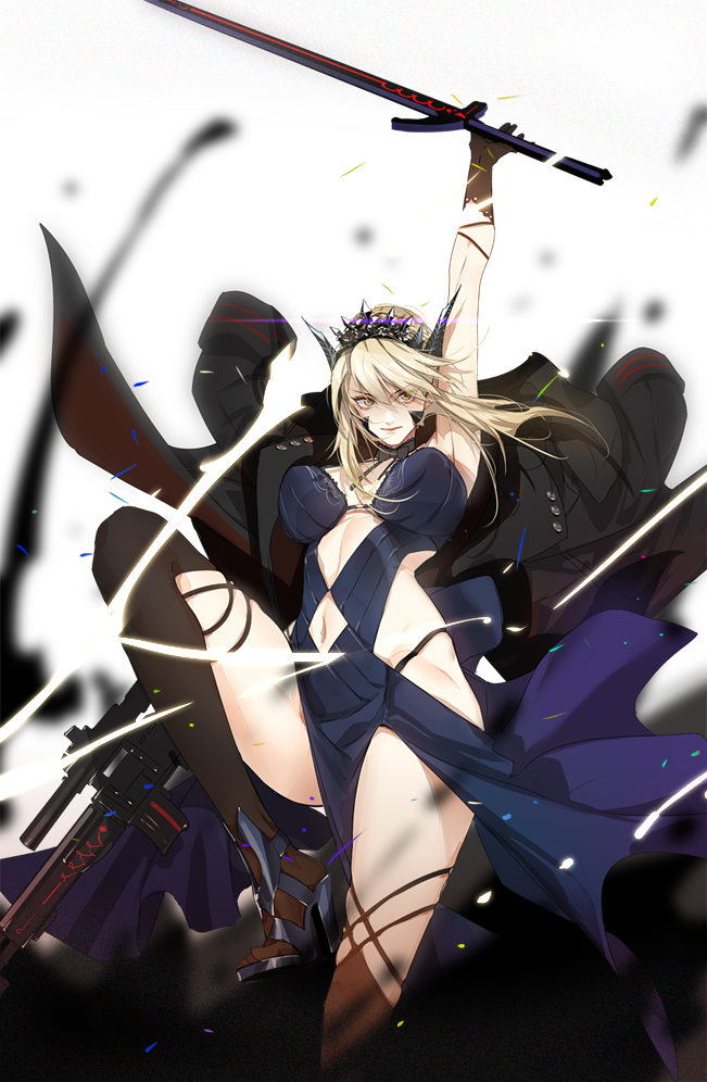 1girl artoria_pendragon_(alter_swimsuit_rider)_(fate) artoria_pendragon_(fate) artoria_pendragon_(lancer_alter)_(fate) blonde_hair clothing_cutout excalibur_morgan_(fate) fate/grand_order fate_(series) gun juer1004 navel stomach_cutout sword weapon white_background yellow_eyes
