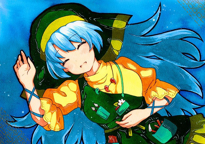 1girl apron arm_ribbon chisel dress green_apron green_headwear green_hood haniyasushin_keiki head_scarf magatama magatama_necklace qqqrinkappp ribbon solo tools touhou traditional_media wood_carving_tool yellow_dress yellow_sleeves