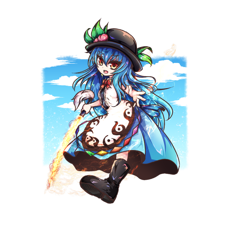 1girl black_footwear black_headwear blue_hair blue_skirt blue_sky boots clouds eyebrows_visible_through_hair food fruit full_body hair_between_eyes hat hinanawi_tenshi holding holding_sword holding_weapon leaf long_hair looking_at_viewer open_mouth outstretched_arms outstretched_hand peach red_neckwear shen_li shiny shiny_hair skirt sky solo sword sword_of_hisou touhou weapon