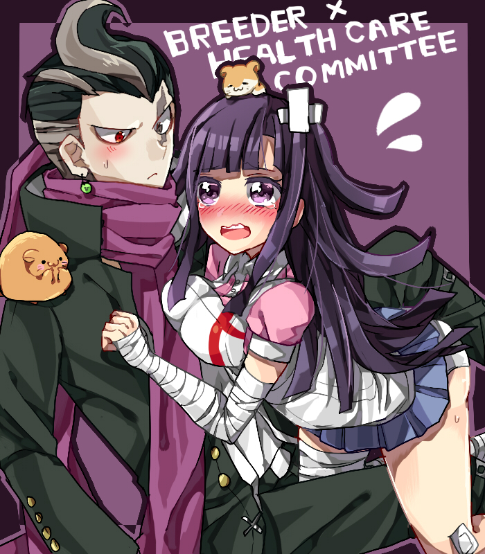 1boy 1girl animal_on_head apron bandaged_arm bandages bandaid bandaid_on_head bangs black_hair black_jacket black_pants blue_skirt blush border breasts cham-p commentary_request dangan_ronpa_(series) dangan_ronpa_2:_goodbye_despair earrings english_text flying_sweatdrops frown grey_hair hamster heterochromia jacket jewelry jum-p kneeling large_breasts long_hair long_sleeves looking_at_another maga-g microskirt mole mole_under_eye on_head open_mouth panties pants pink_background pink_scarf pink_shirt purple_border red_eyes scarf shirt skirt sun-d suurin_(ksyaro) tanaka_gandamu tearing_up tsumiki_mikan underwear white_apron white_panties