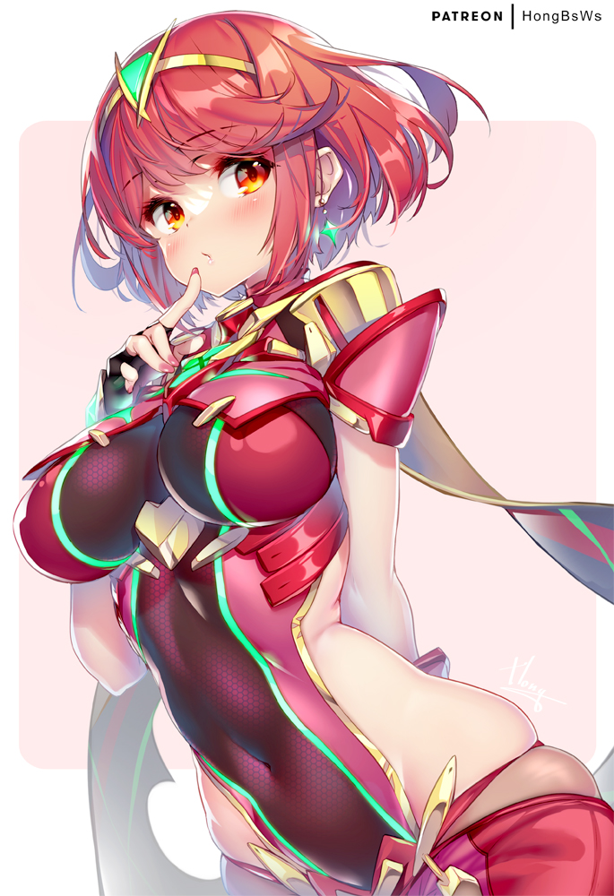 1girl arm_behind_back bangs black_gloves blush breasts covered_navel earrings eyebrows_visible_through_hair finger_to_mouth gloves hand_up hong_(white_spider) jewelry large_breasts leotard looking_away nail_polish neon_trim parted_lips patreon_username pyra_(xenoblade) red_eyes red_nails redhead short_hair short_sleeves signature simple_background skindentation solo tiara upper_body xenoblade_chronicles_(series) xenoblade_chronicles_2