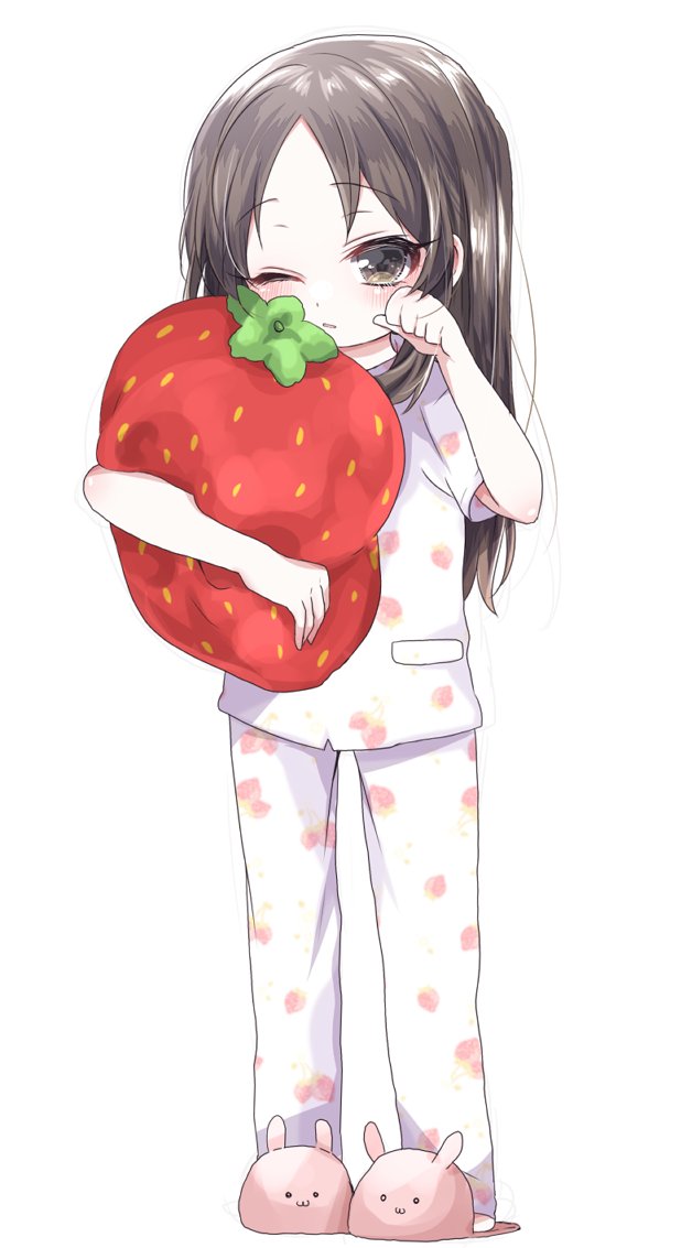 1girl animal_slippers black_hair blush bunny_slippers chibi food food_print fruit idolmaster idolmaster_cinderella_girls long_hair looking_at_viewer one_eye_closed pajamas pillow pillow_hug rubbing_eyes short_sleeves simple_background sleepwear sleepy slippers solo strawberry strawberry_print tachibana_arisu white_background yumeno_(rubbercup)