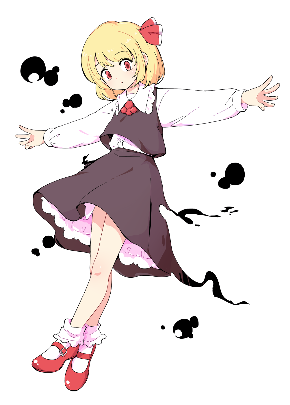 1girl :o ankle_socks ascot bangs bare_legs black_skirt black_vest blonde_hair bob_cut bobby_socks collared_shirt commentary_request darkness eyebrows_visible_through_hair eyes_visible_through_hair frilled_legwear frilled_shirt_collar frills from_side full_body hair_ribbon head_tilt highres leg_up legs long_sleeves looking_at_viewer looking_to_the_side maguro_(mawaru_sushi) mary_janes medium_skirt outstretched_arms parted_lips petticoat puffy_long_sleeves puffy_sleeves red_eyes red_footwear red_neckwear red_ribbon ribbon rumia shirt shirt_tucked_in shoes short_hair simple_background skirt skirt_set socks solo spread_arms standing swept_bangs tareme touhou vest white_background white_legwear white_shirt wing_collar