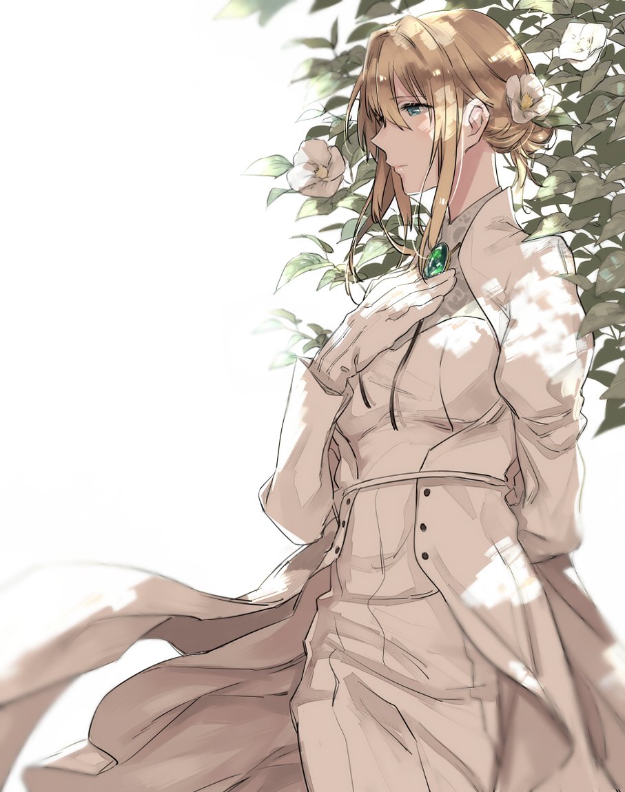 1girl blonde_hair braid breasts flower formal gloves green_eyes hair_flower hair_ornament jewelry leaf long_hair looking_to_the_side necklace shuu-0208 solo suit uniform violet_evergarden violet_evergarden_(series) white_background white_gloves white_suit