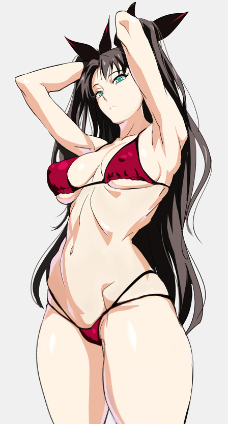 1girl armpits arms_up bikini breasts brown_hair covered_nipples fate/stay_night fate_(series) green_eyes long_hair medium_breasts revision shino_(comic_penguin_club) shiny shiny_skin solo standing swimsuit tohsaka_rin two_side_up very_long_hair