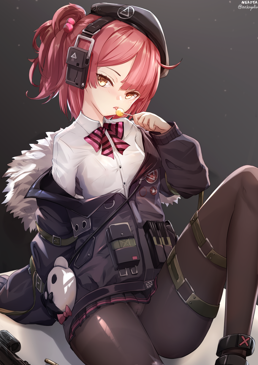 1girl :p breasts candy commission food girls_frontline gun h&amp;k_mp7 highres lollipop mp7_(girls_frontline) nekoya_(liu) pantyhose redhead small_breasts solo submachine_gun tongue tongue_out weapon