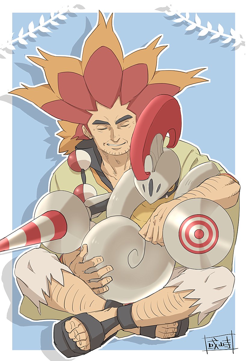 1boy alder_(pokemon) arm_hair black_footwear border capri_pants closed_eyes commentary_request escavalier facial_hair gen_5_pokemon highres holding holding_pokemon jewelry leg_hair long_hair male_focus multicolored_hair necklace on_lap orange_hair outline outside_border pants parted_lips poke_ball pokemon pokemon_(creature) pokemon_(game) pokemon_bw pokemon_on_lap poncho popped_collar redhead sandals sanwari_(aruji_yume) sitting smile spiky_hair torn_clothes torn_pants two-tone_hair white_border white_pants