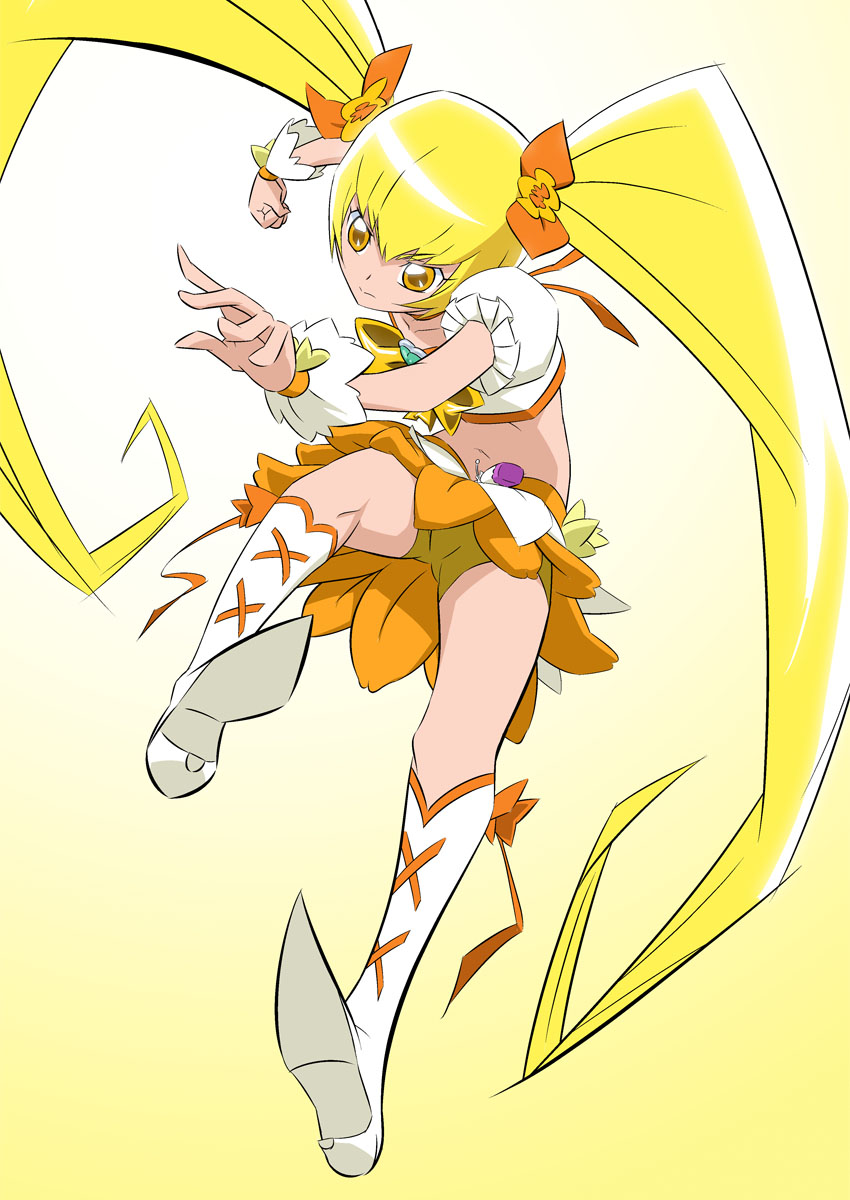1girl absurdly_long_hair bangs bike_shorts blonde_hair boots bow closed_mouth collarbone crop_top cure_sunshine floating_hair fuchi_(nightmare) full_body hair_bow heartcatch_precure! highres knee_boots long_hair midriff miniskirt navel orange_bow orange_skirt precure shiny shiny_hair short_shorts short_sleeves shorts shorts_under_skirt sketch skirt solo stomach twintails very_long_hair white_background white_footwear wrist_cuffs yellow_eyes yellow_neckwear yellow_shorts