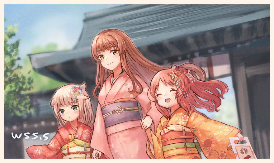 3girls bangs blunt_bangs brown_eyes brown_hair closed_eyes gate green_eyes grey_hair helena_(kancolle) holding_hands japanese_clothes kantai_collection kimono long_hair mikura_(kancolle) multiple_girls obi one_side_up orange_kimono pink_kimono red_kimono sash wavy_hair wss_(nicoseiga19993411) yashiro_(kancolle)