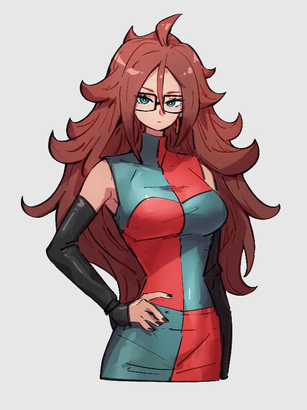 1girl android_21 blue_eyes breasts checkered checkered_dress closed_mouth dragon_ball dragon_ball_fighterz dress earrings glasses grey_background hair_between_eyes hand_on_hip hoop_earrings jewelry kemachiku long_hair looking_at_viewer medium_breasts red_eyes redhead simple_background solo