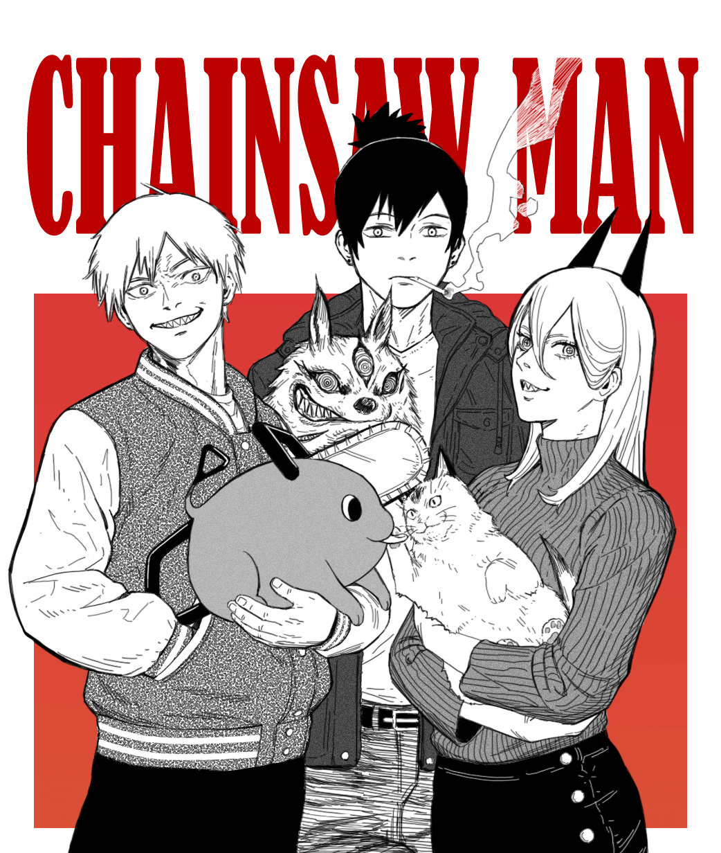 1girl 2boys chainsaw chainsaw_man closed_mouth commentary copyright_name creature denji_(chainsaw_man) english_commentary hand_in_pocket hayakawa_aki_(chainsaw_man) highres horns jacket long_hair long_sleeves looking_at_viewer meowy_(chainsaw_man) mouth_hold multiple_boys pants pochita_(chainsaw_man) power_(chainsaw_man) ribbed_sweater sharp_teeth smile smoke smoking standing sweater teeth vest wide-eyed y_naf
