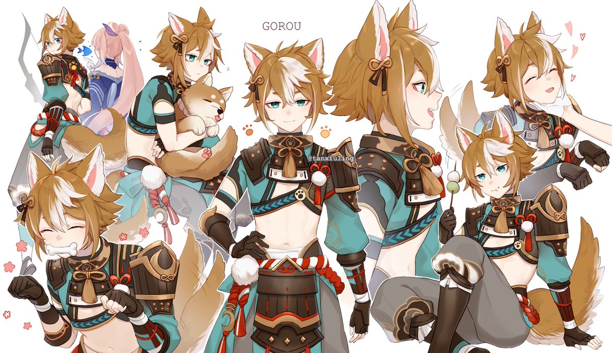 1boy 1girl animal animal_ears aqua_eyes armor asymmetrical_gloves asymmetrical_sleeves bangs black_gloves bone boots bow brown_hair character_name chin_stroking dango dog eating eyeshadow fingerless_gloves fish flower_(symbol) food fox_boy fox_ears fox_tail from_behind genshin_impact gloves gorou_(genshin_impact) grey_pants hair_ornament hair_tassel hand_on_another's_chin holding holding_animal holding_dog hug hug_from_behind kumashige long_hair long_sleeves looking_at_viewer makeup multicolored_hair multiple_views navel open_mouth pants pauldrons paw_pose paw_print pink_hair ponytail puffy_sleeves red_eyeshadow sangonomiya_kokomi shiba_inu short_sleeves shoulder_armor signature simple_background smile stomach streaked_hair tail tail_wagging tassel tongue tongue_out twitter_username two-tone_hair wagashi white_background white_hair