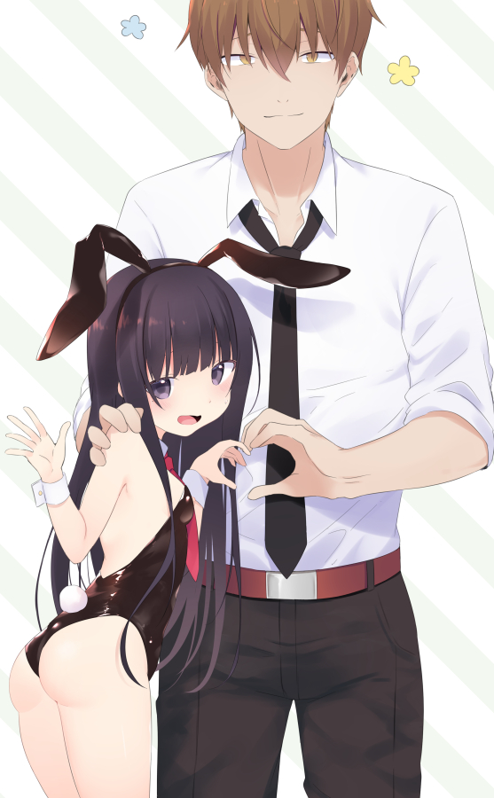 1boy 1girl :d animal_ears ass bangs black_hair black_hairband black_leotard black_neckwear black_pants breasts brown_eyes brown_hair collared_shirt commentary_request diagonal_stripes eyebrows_visible_through_hair fake_animal_ears fake_tail hairband hands_up heart heart_hands leotard looking_at_viewer looking_back necktie open_mouth original pants playboy_bunny rabbit_ears rabbit_tail shirt size_difference small_breasts smile standing strapless strapless_leotard striped striped_background tail usagimiko violet_eyes white_shirt wrist_cuffs