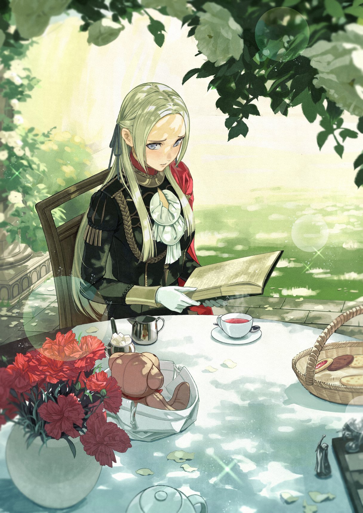 1girl aiguillette ascot basket blonde_hair blue_eyes book cape chair commentary cookie cup edelgard_von_hresvelg english_commentary fire_emblem fire_emblem:_three_houses flower food garden garreg_mach_monastery_uniform gloves hair_ribbon half_updo highres holding holding_book leaf light_blush long_hair mueririko open_book outdoors red_cape red_flower ribbon sidelocks sitting solo stuffed_animal stuffed_toy sugar_cube table tablecloth teacup teaspoon teddy_bear vase white_ascot white_gloves