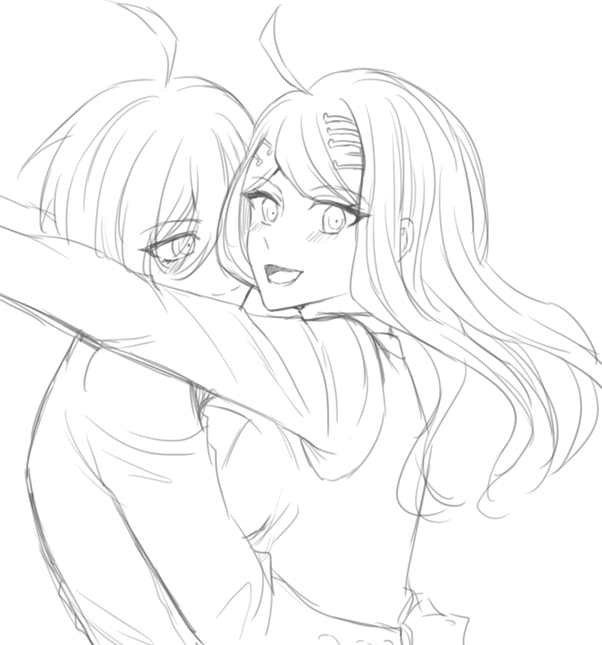 1boy 1girl :d ahoge akamatsu_kaede bangs blush breasts commentary_request dangan_ronpa_(series) dangan_ronpa_v3:_killing_harmony eyebrows_visible_through_hair from_side greyscale hair_ornament hetero hug large_breasts lineart long_hair long_sleeves looking_at_another looking_at_viewer monochrome musical_note_hair_ornament open_mouth saihara_shuuichi simple_background sketch smile upper_body vest white_background xuni_guodu_(calrxaqp)