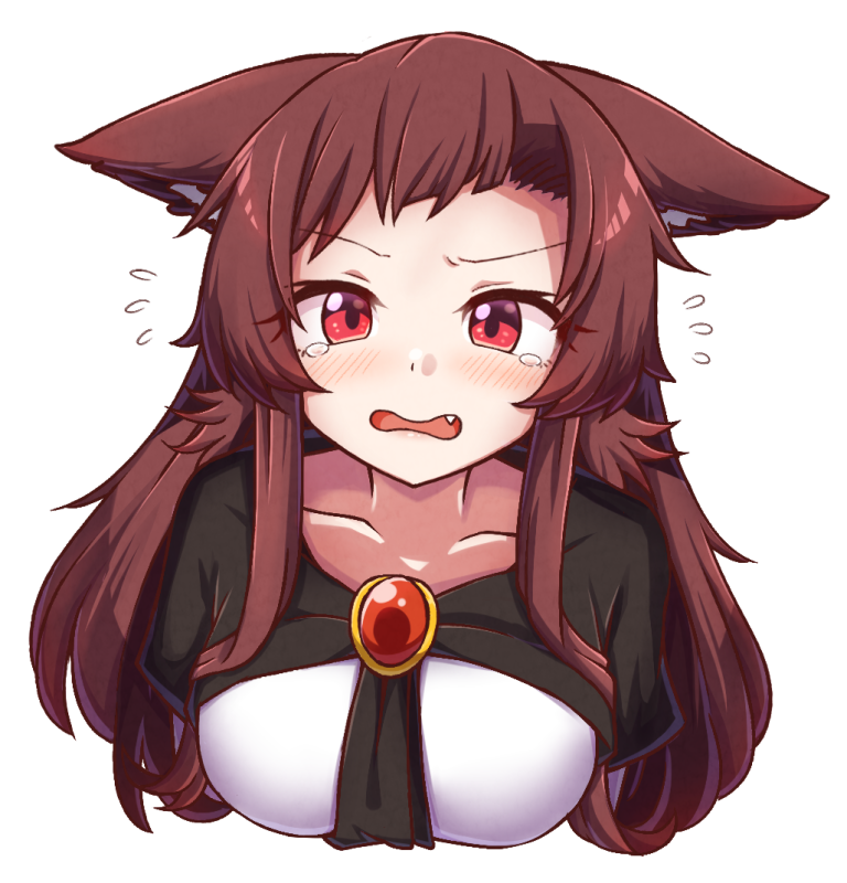 1girl animal_ears bangs blush breasts brooch brown_hair collarbone cropped_arms cropped_torso english_commentary fang flying_sweatdrops imaizumi_kagerou jewelry looking_at_viewer open_mouth red_eyes solo tears touhou upper_body wolf_ears wool_(miwol)