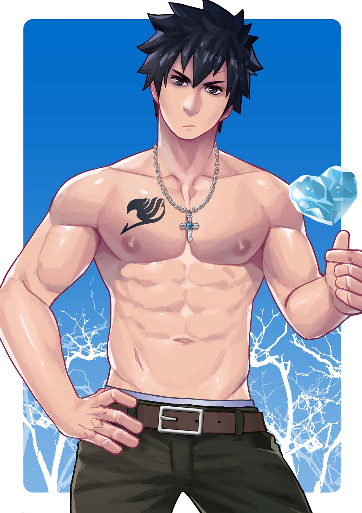 1boy belt black_eyes black_hair chest_tattoo closed_mouth cross cross_necklace fairy_tail gray_fullbuster hand_on_hip heart highres ice jewelry looking_at_viewer male_focus maorenc navel necklace nipples pants shirtless short_hair solo tattoo toned toned_male