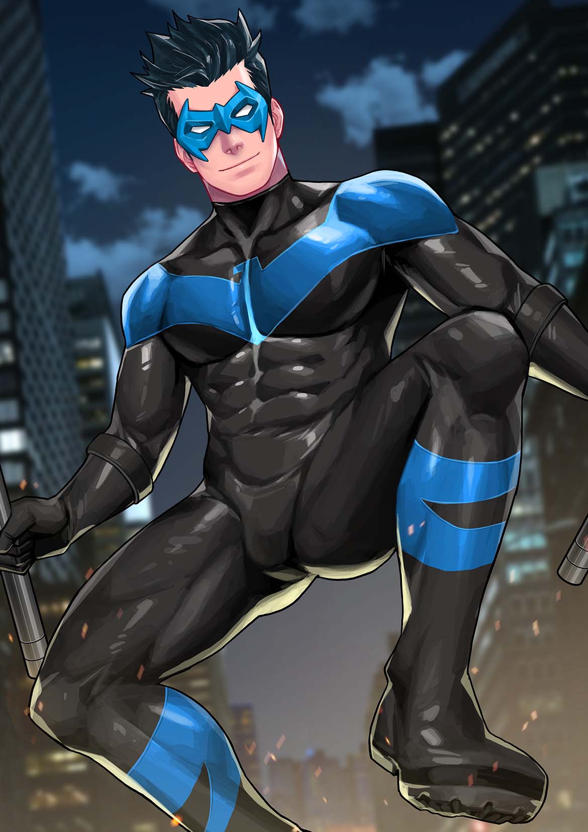 1boy batman_(series) black_bodysuit black_hair bodysuit boots closed_mouth dc_comics highres holding holding_weapon male_focus maorenc mask night night_sky nightwing outdoors sky smile solo spiky_hair toned toned_male weapon