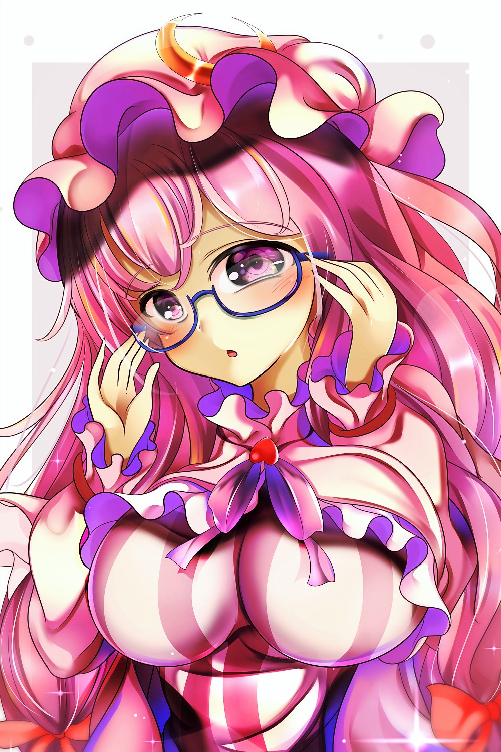 1girl bangs blush bow bowtie breasts cape crescent crescent_hat_ornament double_bun dress eyebrows_visible_through_hair glasses hair_between_eyes hair_bow hands_up hat hat_ornament heart highres kana_(user_rkuc4823) large_breasts long_hair long_sleeves looking_at_viewer mob_cap open_mouth patchouli_knowledge pink_cape pink_dress pink_hair pink_headwear pink_sleeves purple_bow purple_dress purple_neckwear red_bow solo striped striped_dress touhou violet_eyes white_dress