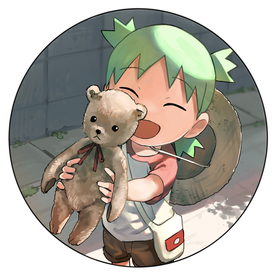 1girl :d brown_shorts circle closed_eyes commentary_request day eyebrows_visible_through_hair facing_viewer green_hair hat hat_around_neck hat_removed headwear_removed holding holding_stuffed_toy kento_matsuura koiwai_yotsuba medium_hair open_mouth outdoors pouch quad_tails raglan_sleeves red_sleeves road round_image shadow shirt short_shorts short_sleeves shorts smile solo straw_hat stuffed_animal stuffed_toy teddy_bear transparent_background wall white_bag white_shirt yotsubato!