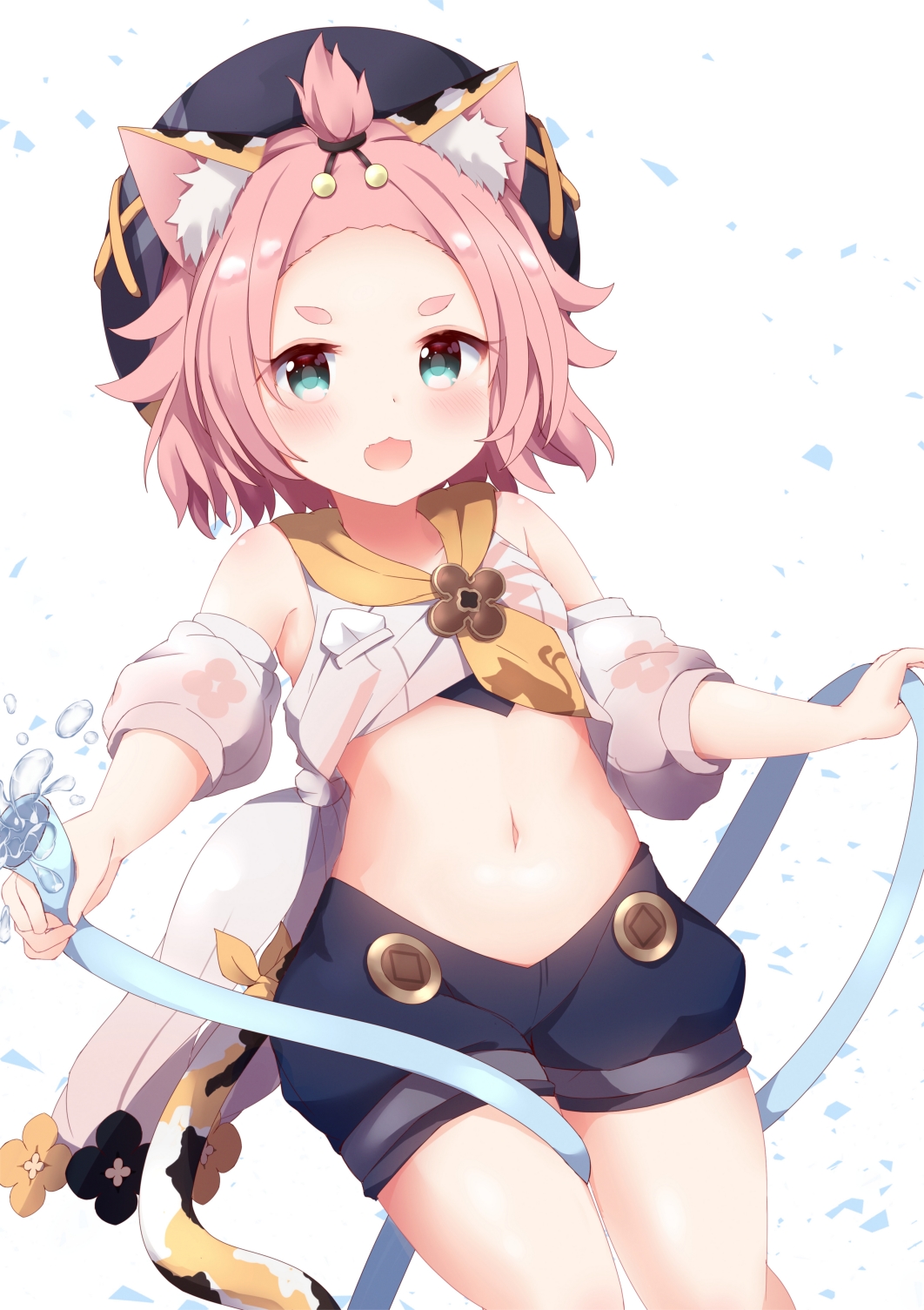 1girl :3 :d animal_ears aqua_eyes bangs_pinned_back black_shorts cat_ears cat_girl cat_tail commentary_request detached_sleeves diona_(genshin_impact) forehead genshin_impact hair_ribbon hat highres holding holding_hose hose looking_at_viewer midriff navel open_mouth pink_hair puffy_detached_sleeves puffy_shorts puffy_sleeves ribbon short_hair shorts sidelocks smile solo tail tail_ornament tail_ribbon thick_eyebrows tutsucha_illust water wet wet_clothes white_background