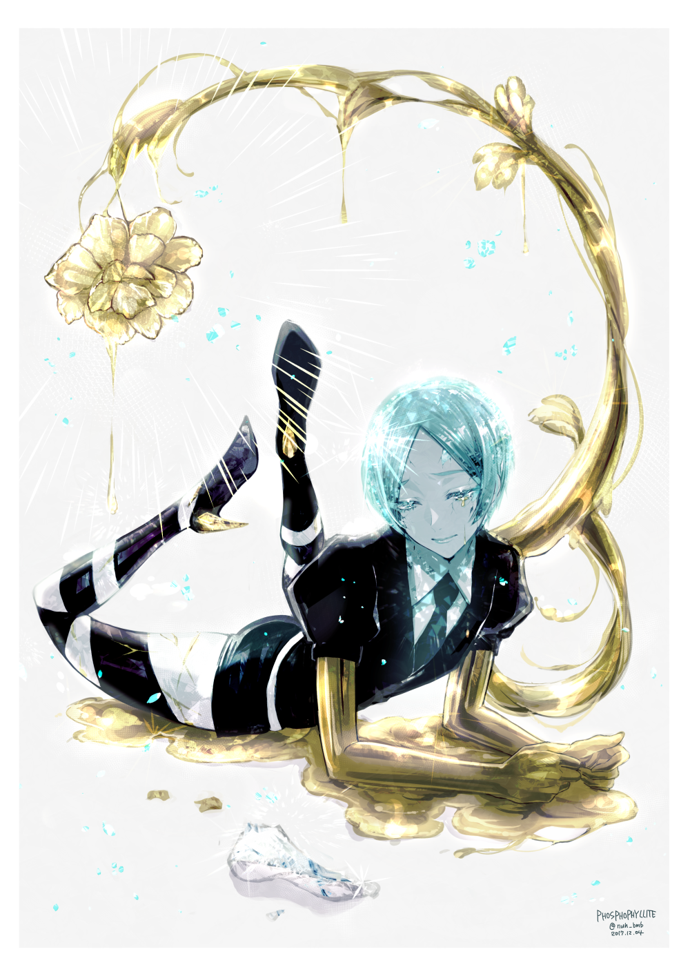 1other androgynous aqua_eyes aqua_hair bangs blue_eyes blue_hair character_name colored_eyelashes commentary_request crying crying_with_eyes_open crystal_hair english_text flower gem_uniform_(houseki_no_kuni) gold golden_arms green_hair grey_background high_heels highres houseki_no_kuni liquid lying molten_metal morino_bambi necktie on_stomach parted_bangs phosphophyllite short_hair short_sleeves shorts smile solo sparkle tears