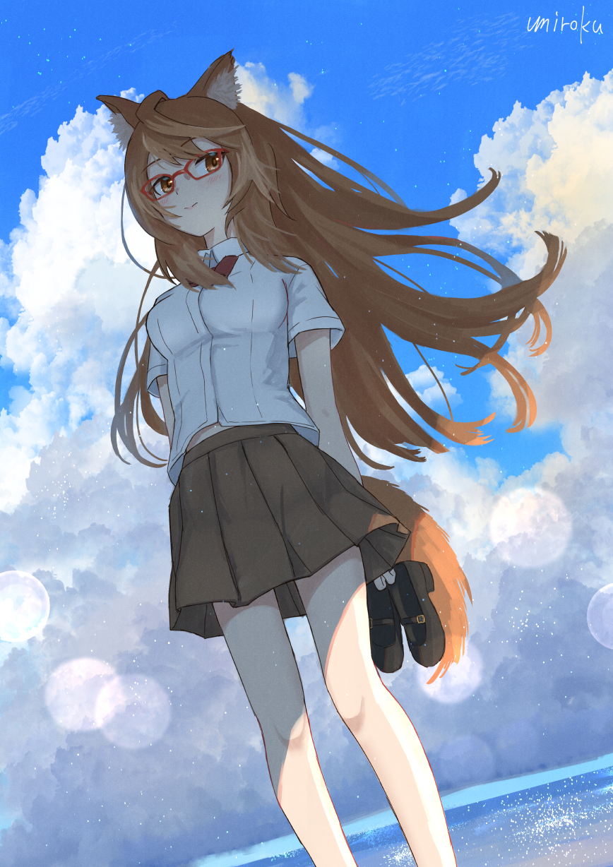 1girl animal_ear_fluff animal_ears black_footwear blue_sky blush bow breasts brown_eyes brown_hair brown_skirt closed_mouth clouds cloudy_sky collared_shirt commentary_request day dress_shirt glasses highres holding holding_clothes holding_footwear holding_shoes horizon long_hair looking_at_viewer medium_breasts ocean original outdoors pleated_skirt red-framed_eyewear red_bow shirt shoes shoes_removed short_sleeves signature skirt sky smile solo standing tail umiroku very_long_hair water white_shirt